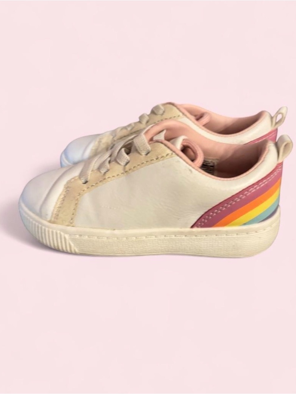 Kids White Sneakers with Pink Trim and Rainbow Accent